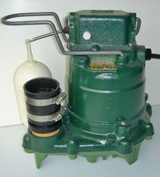 closeup of a Zoeller® sump pump system with a cast-iron design and plastic float switch